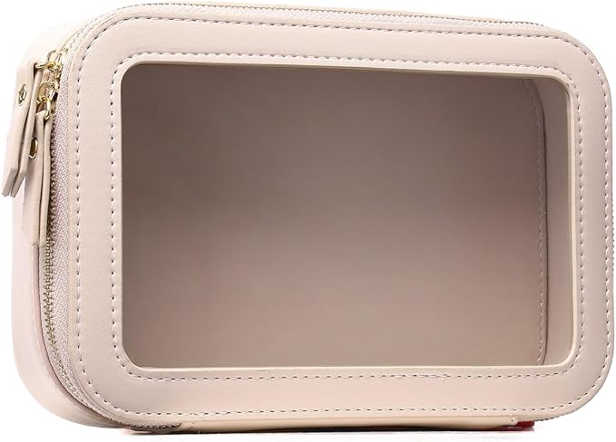 Clear Makeup Bag Small Cosmetic Bag Clear Travel Case Transparent Travel Toiletry Case Makeup Bag for Car with Zipper for Women (Beige, Small)