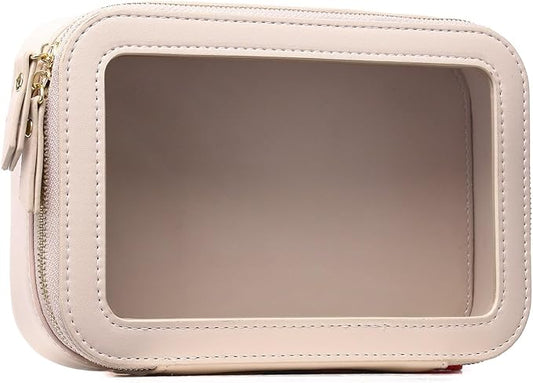 Clear Makeup Bag Small Cosmetic Bag Clear Travel Case Transparent Travel Toiletry Case Makeup Bag for Car with Zipper for Women (Beige, Small)