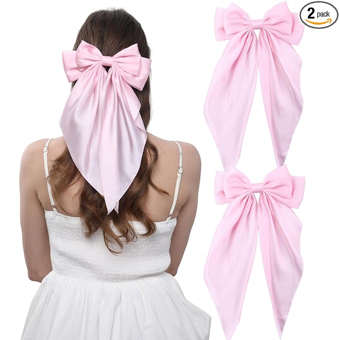 2PCS Big Hair Bow Clips for Women Girls – Pink Satin Ribbon Bow Barrettes with Long Tails, Large Cute Hair Accessories for Ponytail, Photoshoot & Everyday Styling