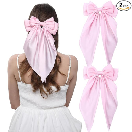 2PCS Big Hair Bow Clips for Women Girls – Pink Satin Ribbon Bow Barrettes with Long Tails, Large Cute Hair Accessories for Ponytail, Photoshoot & Everyday Styling