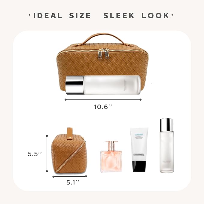 JINYIBAGS Travel Makeup Bag – Large Cosmetic Organizer with Waterproof PU Leather, Smooth Double Zipper & Tear-Resistant Lining, Toiletry Pouch for Women (Caramel)