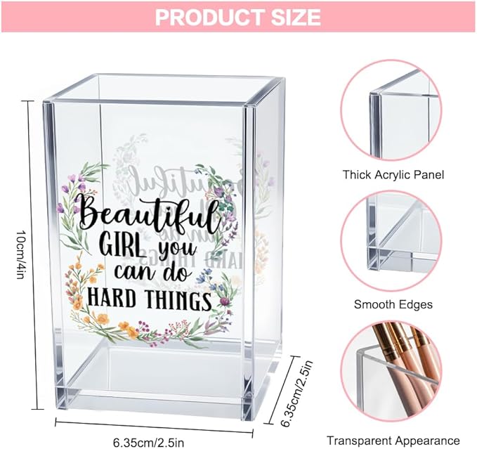 Beautiful Girl You Can Do Hard Things Acrylic Makeup Brush Organizer Holder, Encouraging Gift for Womenr Friend, Daughter Graduation Gifts, Cheer Up Gifts for Women Daughter Makeup Lover