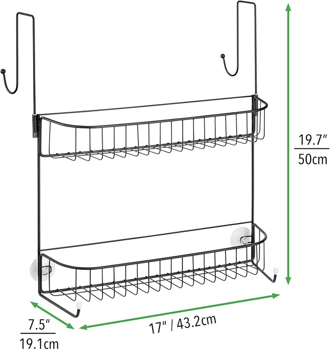 mDesign Extra Wide Metal Wire Over the Bathroom Shower Door Caddy, Hanging Storage Organizer with Built-In Hooks and Baskets on 2 Levels for Shampoo, Body Wash, Loofahs, Rust Resistant - Matte Black