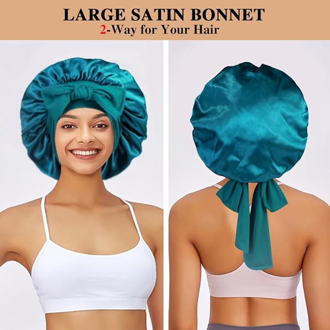 2+3 Large Satin Bonnets with Scrunchies for Women, Hair Bonnet Sleeping Tie Bonnet for Braids Curly Hair