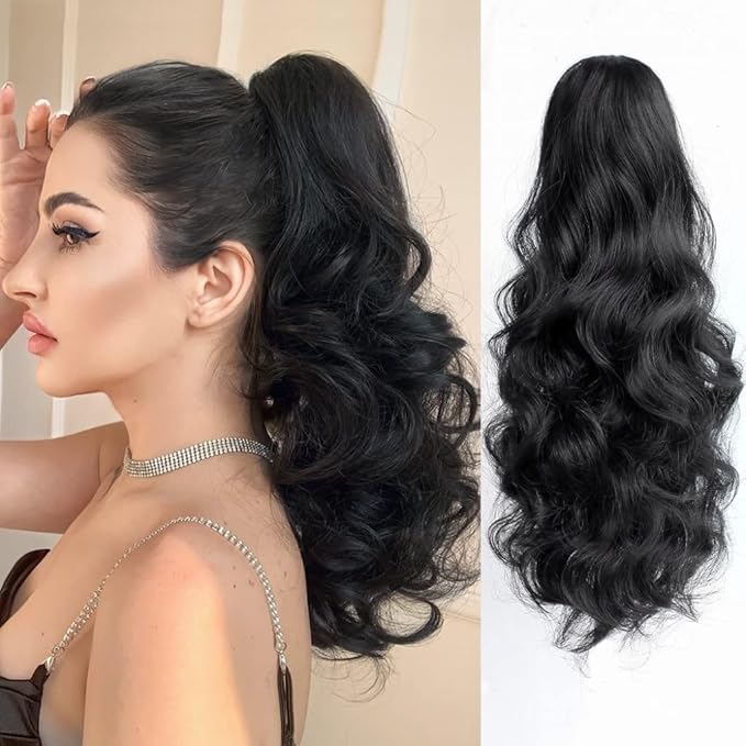 Claw Clip Ponytail Extension 16" Wavy Clips in Hair Extensions Curly Synthetic Pony Tails Fluffy Faux Ponytails Wigs Natural Hairpieces for Women Wedding Party Daily Use 6 Oz Dark Black