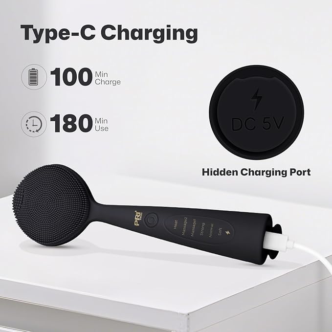 PRITECH Facial Cleansing Brush with 42° Constant‑Temperature Heating – Rechargeable Silicone Face Scrubber for Deep Pore Cleaning, Waterproof Vibrating Exfoliator for Women & Men (Black)
