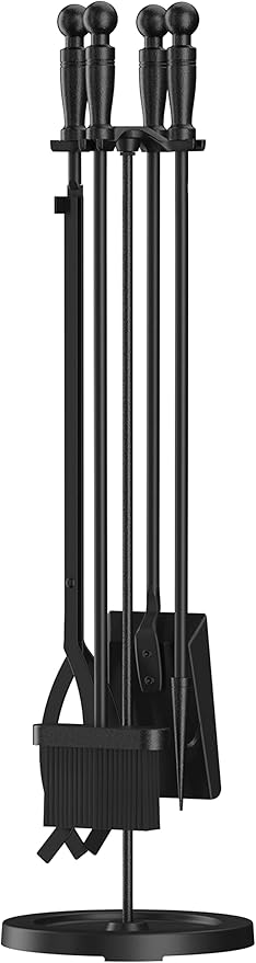 Fire Beauty Fireplace Tools Set 5 Pieces Wrought Iron Fire Place Pit Poker Holder 31" H (Black)