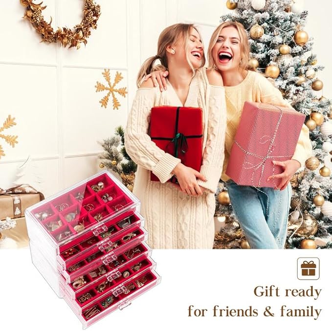 Lolalet Earring Holder Organizer Box Jewelry Storage with 6 Drawers, Clear Acrylic Stackable Earring Case with Adjustable Velvet Trays for Women on Dresser Vanity -Red, 6 Layers