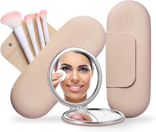Travel Makeup Brush Holder, Silicone Makeup Brush Organizer, Dirt-Resistant Easy to Clean Makeup Brush Bag with Anti-Fall Out Magnetic Closure, Travel Essentials for Women (Walnut)