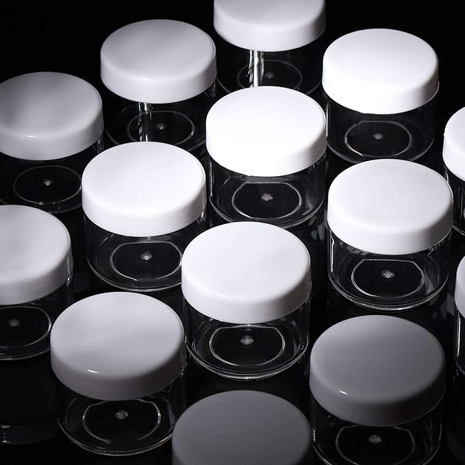 Refillable Cosmetic Sample Jars - 100 Pack 20g (0.7oz) White Small Travel Containers with Lids + 10 Mini Makeup Spatulas - BPA Free