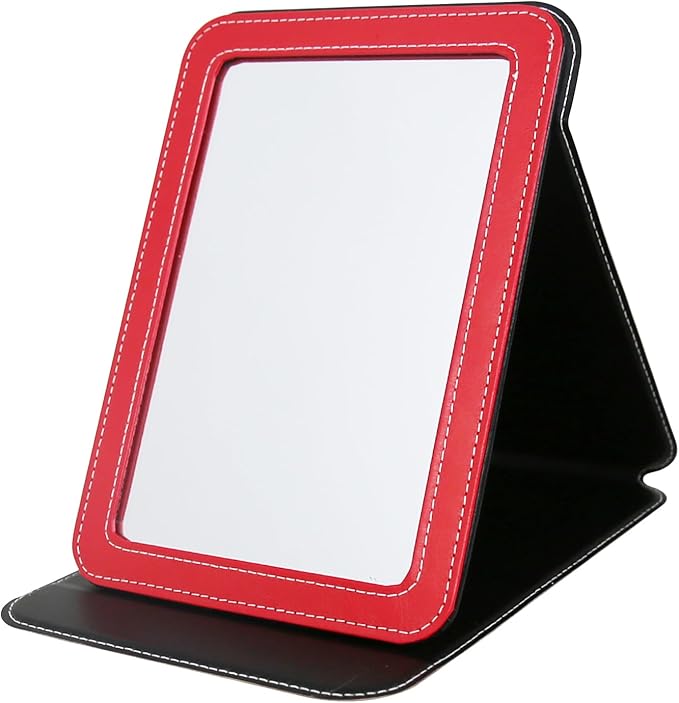Travel Mirror for Desk, 5.3×6.9” Adjustable Rectangle PU Edge Covering Red Foldable Desk Mirror with Stand for Travel Camping Home (Red)