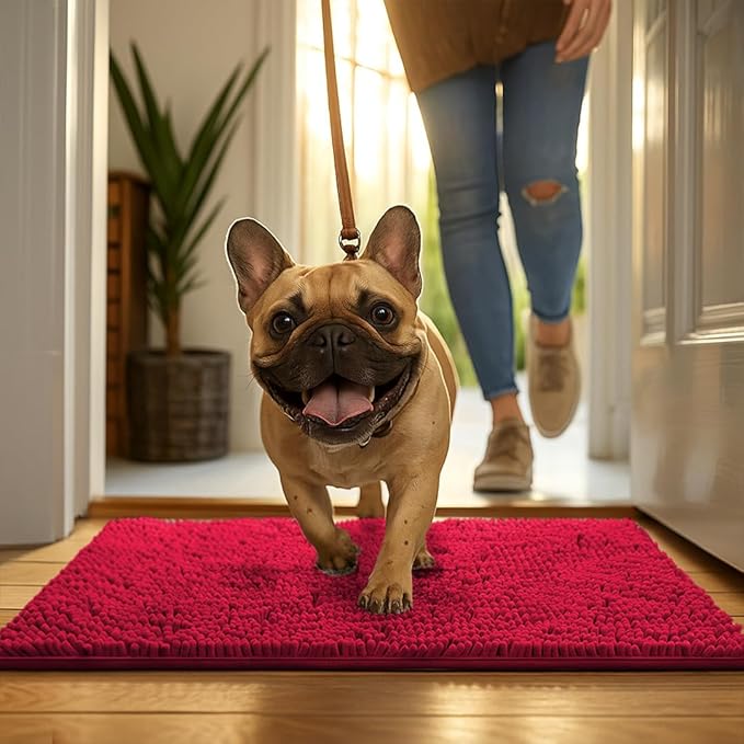 MudGuard Mat™ Dog Door Mat for Muddy Paws, Super Absorbent Microfiber, Non-Slip Indoor Mat, Quick Dry Chenille Mud Mat for Dogs & Entryway, Washable, Red 24" x 36"