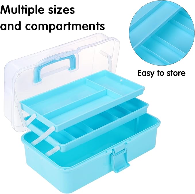 OUTUXED 12.5inch 3-Layer Multipurpose Craft Organizers, Portable Folding Toolbox, Plastic Tool Box with Handle for Sewing Supplies, Medicine, Art Supplies, Nails and Hair Accessories(Blue)