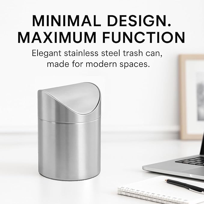 Small Mini Trash Can with Lid, Brushed Stainless Steel Small Tiny Mini Trash Bin Can, Mini Countertop Trash Cans for Desk Office, Swing Top Trash Bin 1.5 L/0.40 Gal (Sliver)