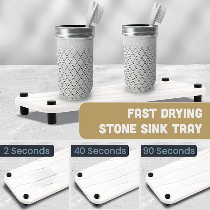 2pc Stone Drying Tray - Diatomite Sink Caddy Kitchen Sink Organizer - Water Absorbing Bathroom Counter Mat - Absorbent Kitchen Soap Tray (White)