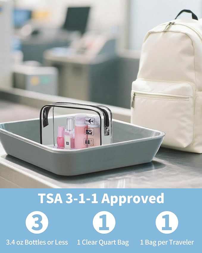 WANDF TSA Approved Toiletry Bag, 2 Packs Travel Clear Toiletry Bag, Quart Size Makeup Cosmetic Pouch with Zipper, Carry-On Airport Compliant Bag for Women and Men(2 pcs, Black+White)