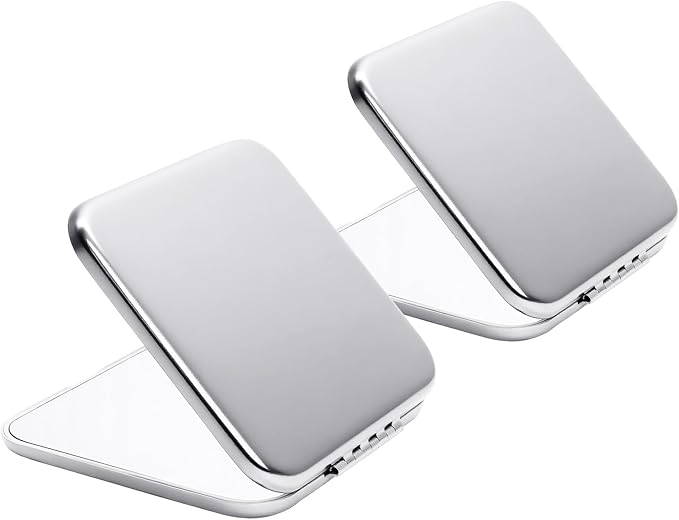Compact Mirror for Purse, Metal Square Shell, Double-Sided 1X/2X Magnifying, Portable Travel Makeup Mirror, Mini Pocket Mirror, Sliver, 2 Packs