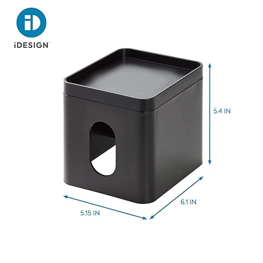 iDesign Facial Tissue Box Cover with Storage Tray, The Cade Collection – 6.1" x 5.15" x 5.4", Matte Black