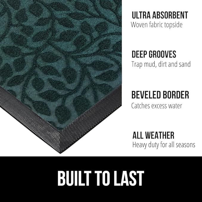 GORILLA GRIP 100% Waterproof All-Season WeatherMAX Doormat, 72x24, US Designed Natural Rubber, Stain and Fade Resistant, Low Profile Indoor Outdoor Door Mats, Easy Clean Patio Mat, Moss Vine Leaves