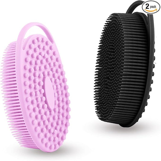 Soft Silicone Body Shower， Exfoliating Silicone Body Scrubber, Silicone Loofah 2 in 1 Bath and Shampoo Brush, Body Scrubber Shower Easy to Clean for Sensitive Skin, Lather Well 2 PCS Black and Purple