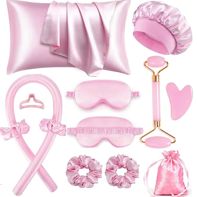 Heatless Curls Overnight Hair Curlers with Satin Pillowcase for Hair and Skin Queen Set, Sleeping Bonnet Eye Mask and Face Massager, 12pcs Hair Styling Tools Set for Sleeping(Pink)