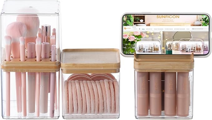 Makeup Brush Holder Comb with Cover Makeup Containers Organizers Set Makeup Holder Box Cosmetic Case With Lid Waterproof Dustproof Beauty Skincare Organizer Bathroom Vanity Countertop,Gift,Clear，3PCS