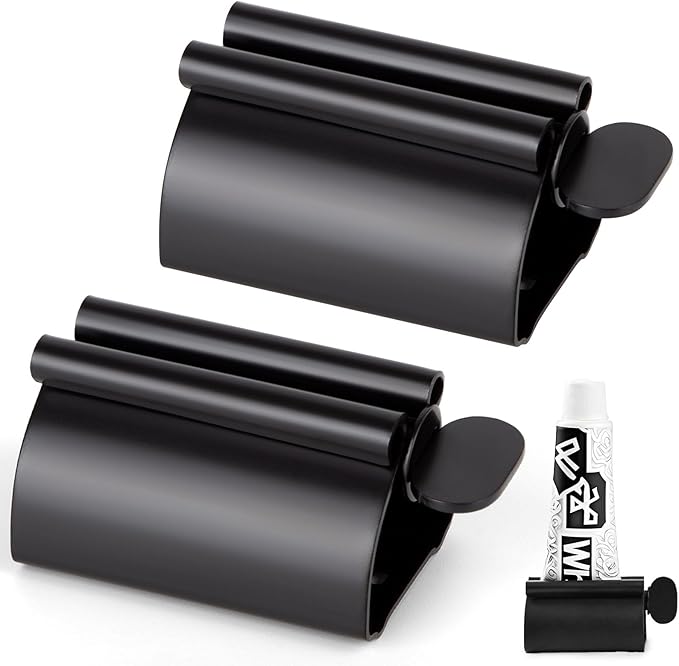 LOVEINUSA Toothpaste Tube Squeezer Dispenser, 2PCS Toothpaste Roller Squeezer Tool Stainless Steel Tooth Paste Holder for Bathroom, Black