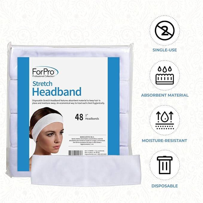 ForPro Professional Collection Stretch Headbands - Moisture Absorbent Disposable Spa - 2.25” W x 18” C - 48-Count