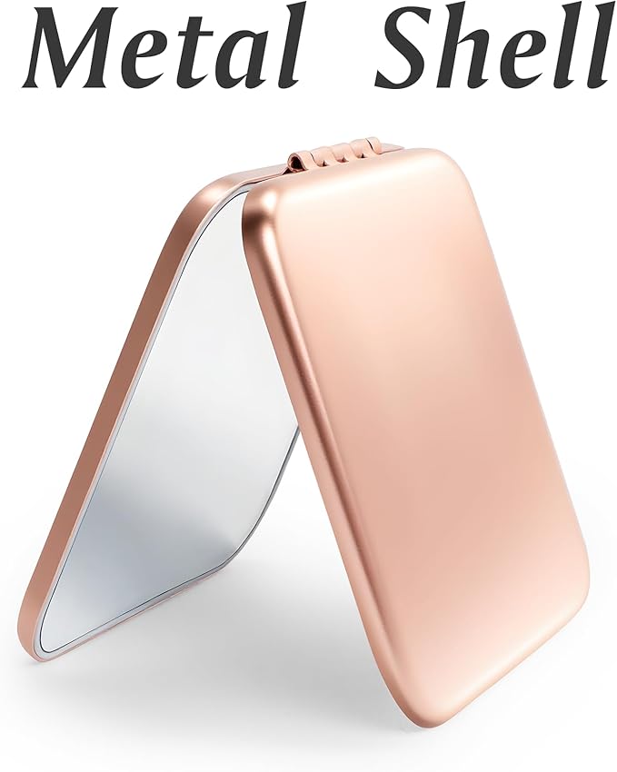 QUSTGO Compact Mirror, Pocket Travel Makeup Mirror for Purse, Metal Square Shell, 2-Sided 1X/2X Magnifying, Portable, Folding, Handheld, Rose,2 Pack