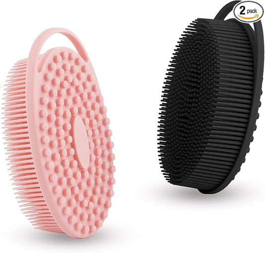 Soft Silicone Body Scrubber 2 PCS Silicone Body Shower, Silicone Loofah 2 in 1 Bath and Shampoo Brush, Body Scrubber Shower Cleaning Exfoliating Use for Sensitive Skin, Lather Well(Black and Pink)