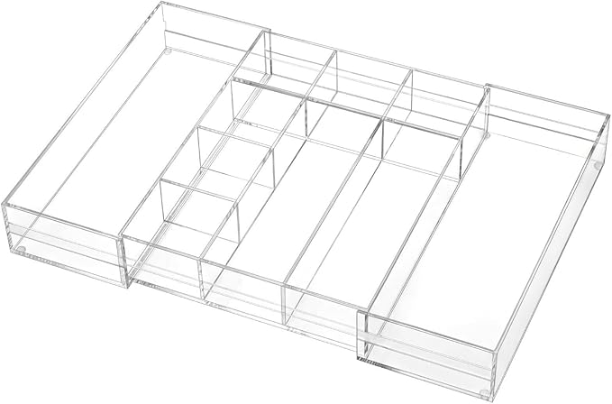 1 PC Acrylic Desk Drawer Organizer 2 Inch Height Expandable Drawer Organizer Trays with 10 Adjustable Compartments Desk Accessories for Makeup Silverware Office Bathroom(Clear, Elegant)