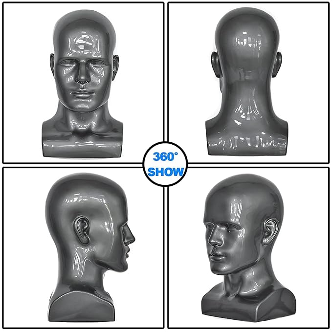 PVC Silver Grey Male Mannequin Head Display Head Stand Wig Display Head Model Men Manikin Head Dolls for Display Headset, Headphone, Game Console, Hats, Wigs Jewellery (Silver Grey)