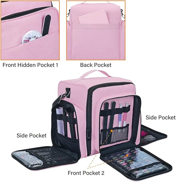 UOZL Nail Polish Organizer Case Holds 60 Bottles Portable Travel Storage Box with 2 Detachable Bags, Designed for Women's Nail Tools, Essential Oils and Cosmetics Sets Pink