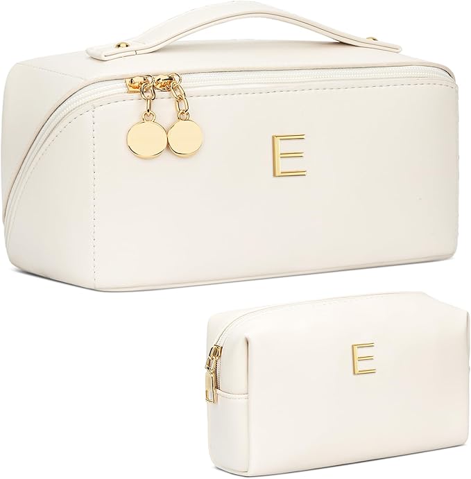 Birthday Gifts for Women Teen Girl, Personalized Initial Makeup Organizer Bag Set, Open Flat Travel Cosmetic Bag With Clear Divider and Handle(Large-Beige,E)