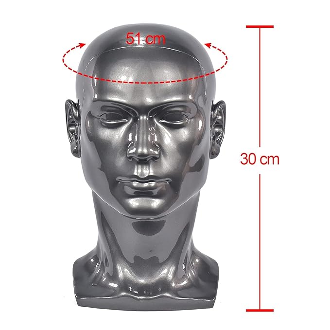 PVC Male Mannequin Head Metallic Grey Male Manikin Stand Model Display Hat Scarf Wigs Hair Glasses Hat Beauty Styling Tool with Mount Hole (L30-Bright Grey)
