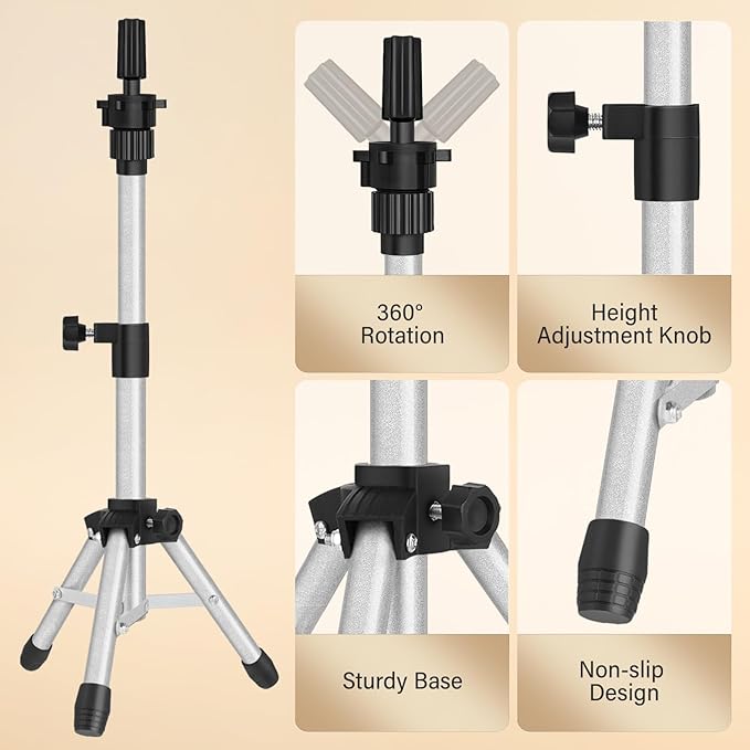 Wig Stand Tripod, 25 Inch Adjustable Mannequin Head Stand, Wig Head Stand for Training Heads And Canvas Block Head (Silvery, Mannequin Head Not Included)
