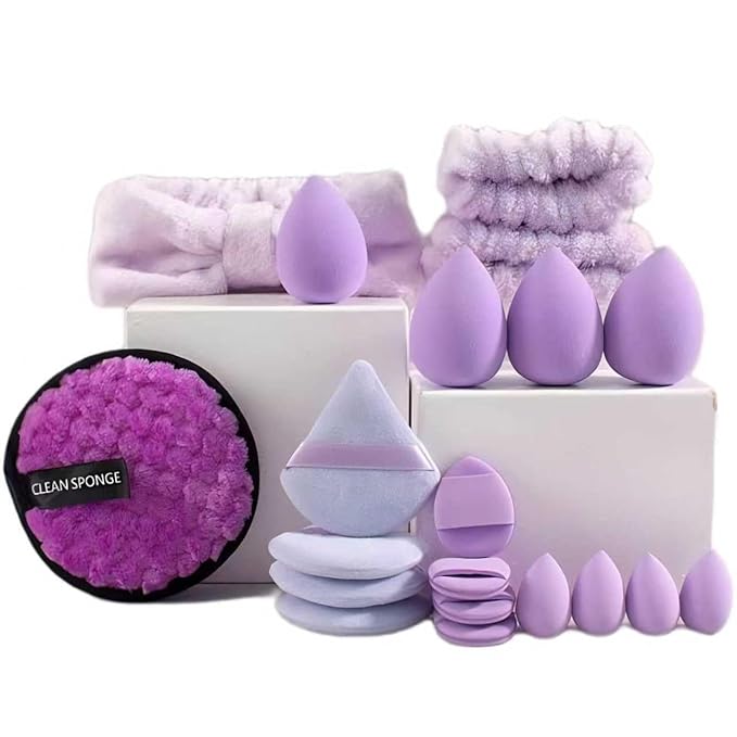 suniya Skincare Face Wash Spa Headband and Wristband Set Makeup Sponges Set Face Soft Triangle Makeup Puff Sponge Pieces Powder Puff Women and Teen Girl Gifts Trendy Stuff （Purple）