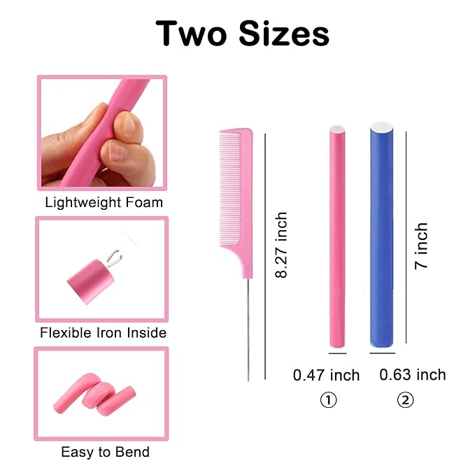 36Pcs Flexible Hair Rollers and Curlers Set - 7" 0.63" & 0.47" Bendable Soft Foam Rods for Heatless Curling Short & Long Hair