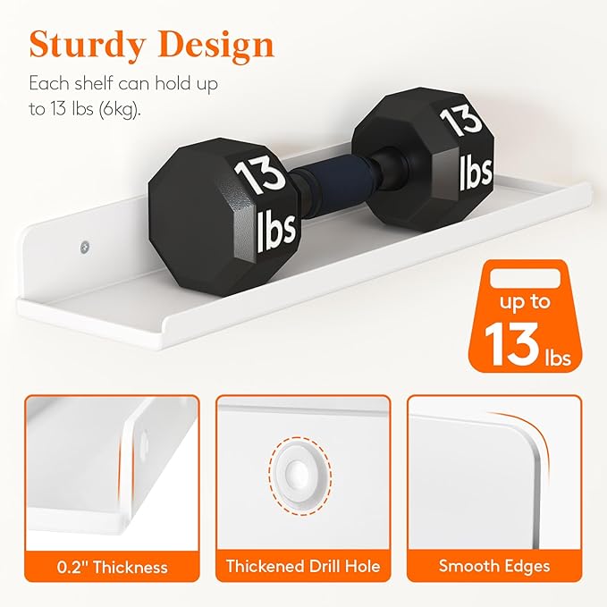 Lifewit Floating Shelves for Wall, Acrylic Display Shelf Wall Mounted for Figure, Car, Art, Book, 14" Perfume Organizer for Bathroom, Bedroom, Living Room, Nursery, Home Decor, White, 6 Pack