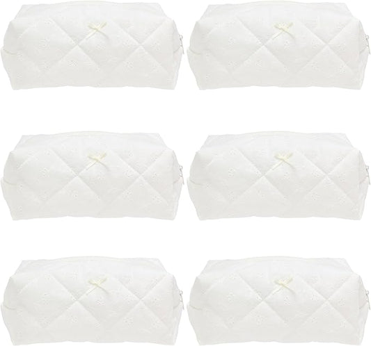 PAZIMIIK 6PCS Cozy Makeup Bag SET Travel Cosmetic Bag for Women Soft Toiletry Bag Aesthetic Makeup Organizer Portable Large Zipper Pouch for Skincare Beauty Accessories Brushes Embroidery White