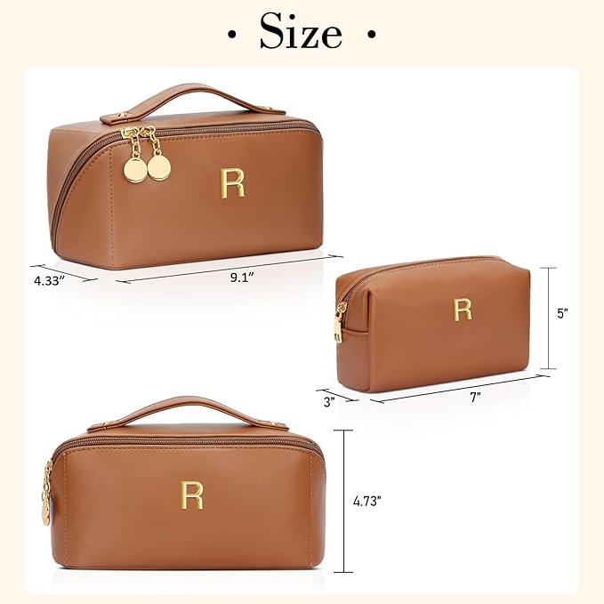Birthday Gifts for Women Teen Girl, Personalized Initial Makeup Organizer Bag Set, Open Flat Travel Cosmetic Bag With Clear Divider and Handle(Brown,R)