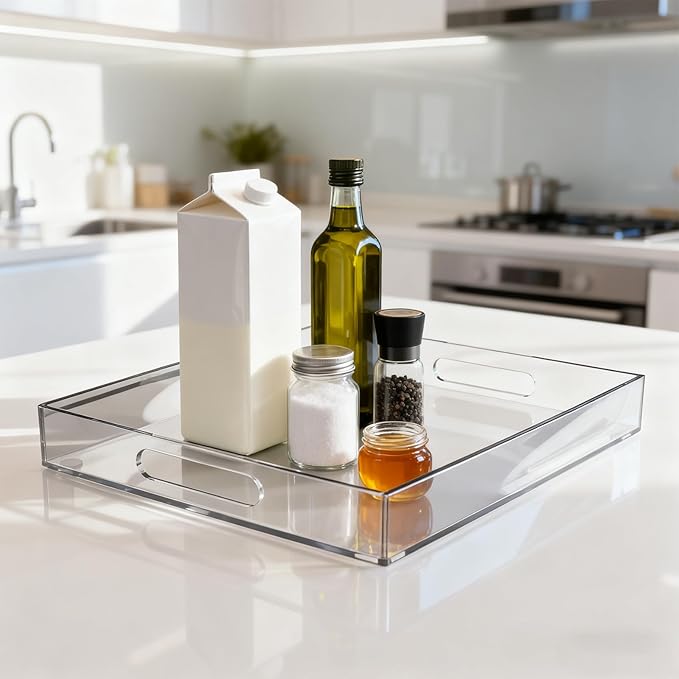 1-Piece Clear Acrylic Tray 12 * 16 Inches Suitable for Coffee Table Makeup Table Kitchen Countertop Acrylic Storage Tray Perfect for Gatherings Events Family Use with Handle,Easy to Carry