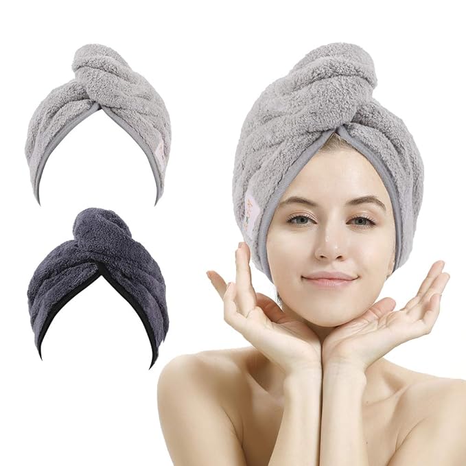 2 Pack Hair Drying Towels, Anti-frizz Hair Towel Wrap, Absorbent Microfiber Hair Towel Turban with Button Design for Straight Curly Hair (Dark Gray&Light Gray)