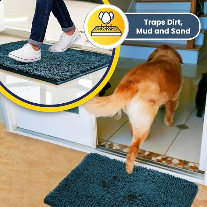Muddy Mat® 2-Piece Atlantic Blue Medium 30"X19" AS-SEEN-ON-TV Highly Absorbent Microfiber Door Mat, Bath Mat and Pet Rug, Non Slip Thick Washable, Soft Chenille for Kitchen Bedroom Indoor and Outdoor