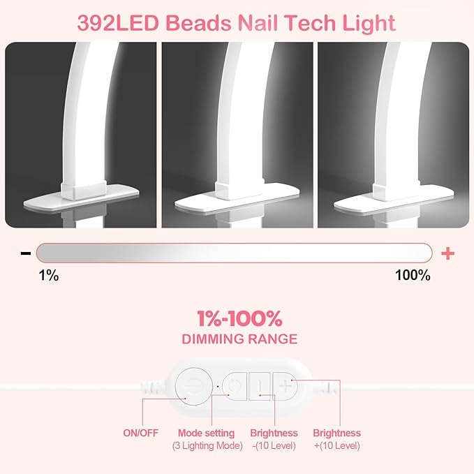 Foldable Large Half Moon LED Light,29" Arch Light with Rhinestone-Encrusted for Table Nail Desk with Phone Stand, Upgrade Arch Light for Nail Techs (White, Large)