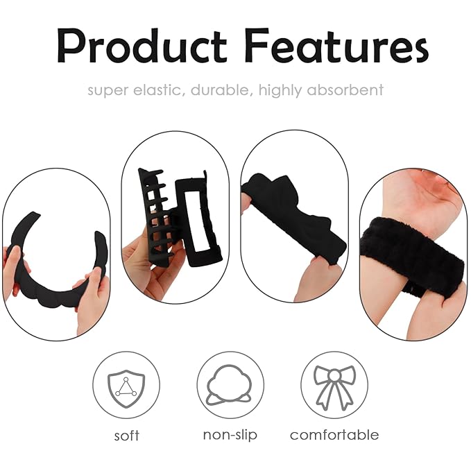 Canitor Sponge Spa Headbands Wristband Set with Hair Clips Skincare for Washing Face Non Slip Puffy Terry Cloth Makeup Headband Face Wash Wrist Bands Cute Trendy Stuff (black)