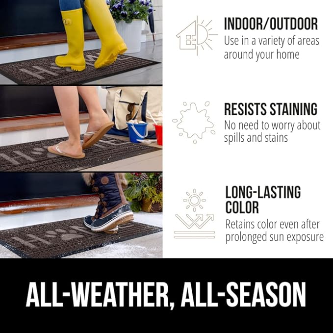 GORILLA GRIP 100% Waterproof All-Season WeatherMAX Doormat 35x23, US Designed Natural Rubber, Stain and Fade Resistant, Low Profile Indoor Outdoor Door Mats, Easy Clean Patio Mat, Espresso Home Paw