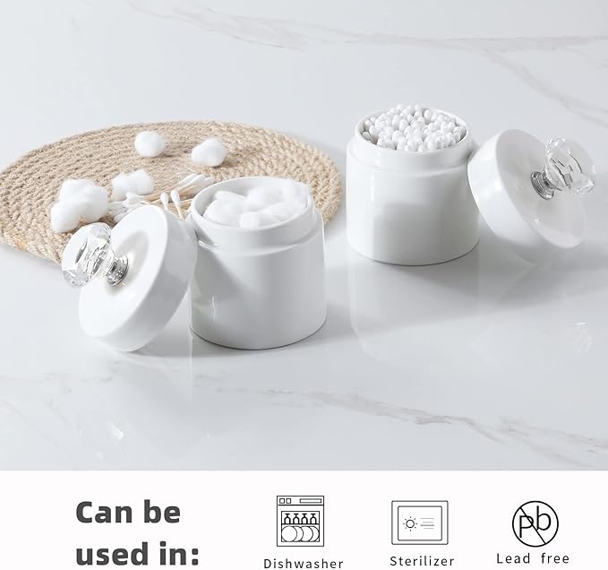 ONTUBE Porcelain Cotton Swabs Holder Organizer with Crystal Lid and Easy to Clean, White (Silver Lid,Set of 1)