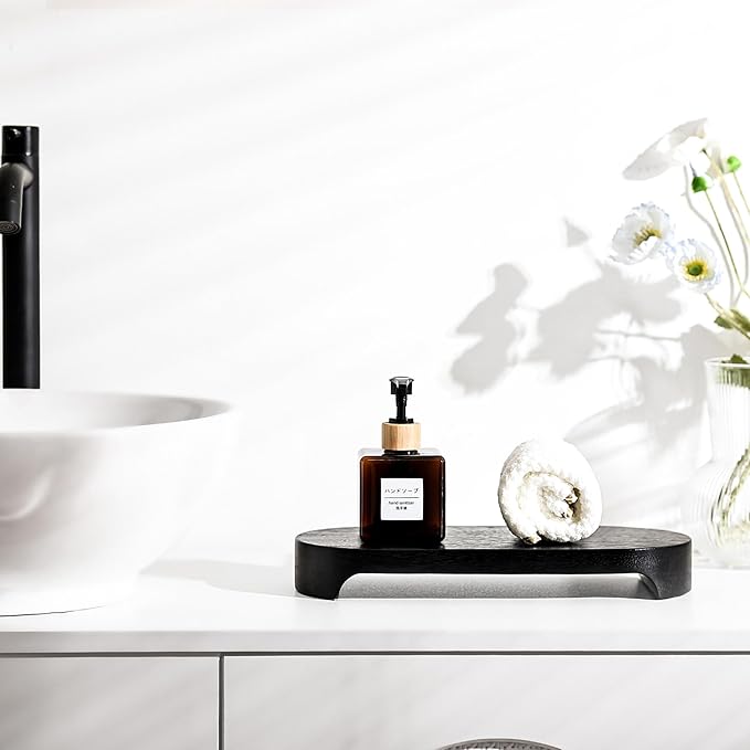 Acacia Wood Risers for Decor Display, Bathroom Counter Decorative Tray, Soap Dish Risers, Pedestal Stand for Bottles,Candle,Plant, Counter Decor for Vanity. (Brushed Black L)