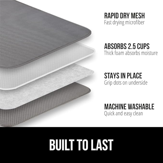 GORILLA GRIP Ultra Water Absorbent Microfiber Dish Drying Mat 2 Pack, Quick Dry Thick Mesh, Slip Resistant Pad for Sink Dishes or Under Rack, Kitchen Counter Accessories, Machine Wash, 18x16, Gray